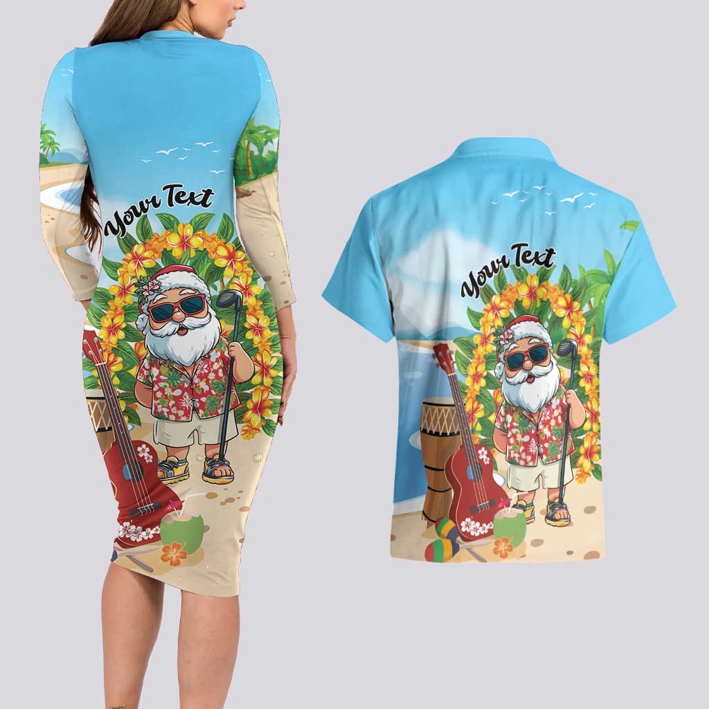 Personalized Hawaii Golf Christmas Couples Matching Long Sleeve Bodycon Dress and Hawaiian Shirt Mele Kalikimaka Funny Golfer Santa - Wonder Print Shop