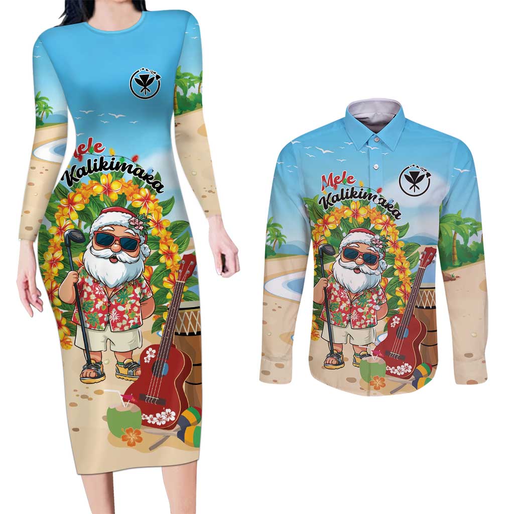 Personalized Hawaii Golf Christmas Couples Matching Long Sleeve Bodycon Dress and Long Sleeve Button Shirt Mele Kalikimaka Funny Golfer Santa - Wonder Print Shop