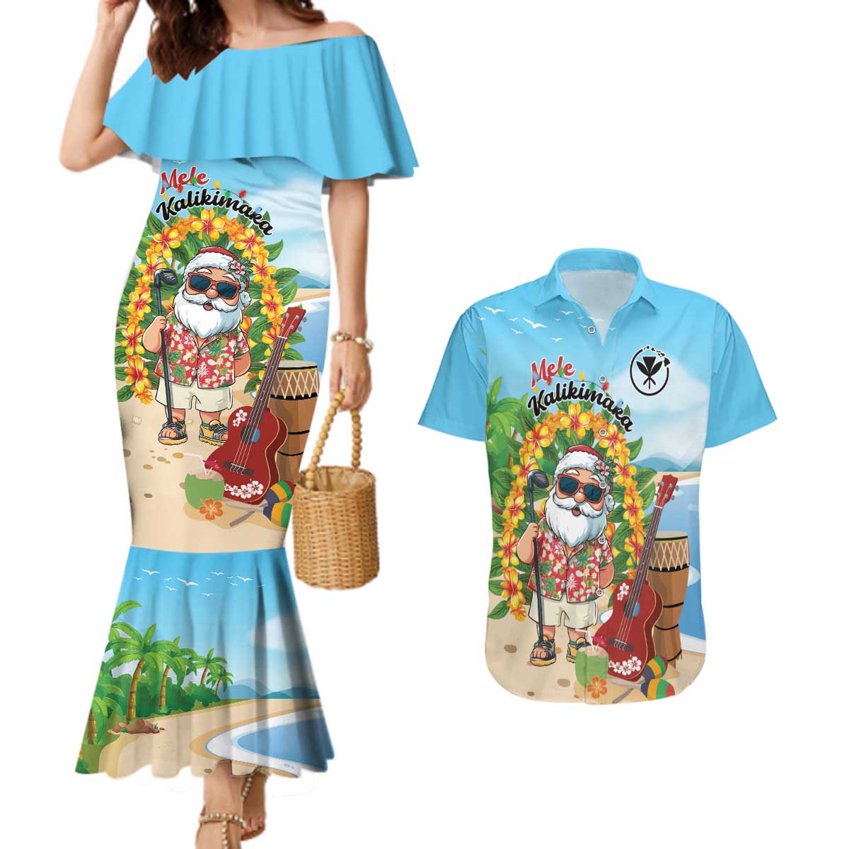 Personalized Hawaii Golf Christmas Couples Matching Mermaid Dress and Hawaiian Shirt Mele Kalikimaka Funny Golfer Santa - Wonder Print Shop