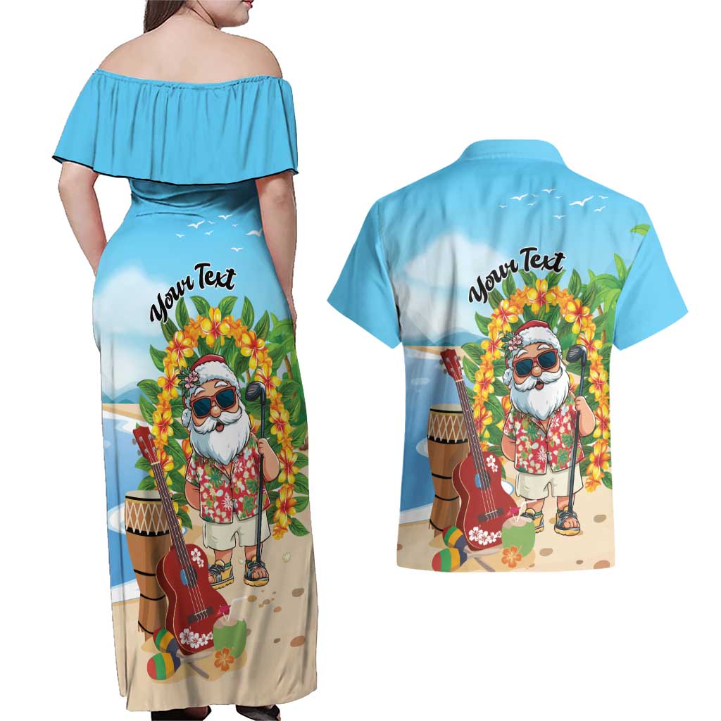 Personalized Hawaii Golf Christmas Couples Matching Off Shoulder Maxi Dress and Hawaiian Shirt Mele Kalikimaka Funny Golfer Santa - Wonder Print Shop