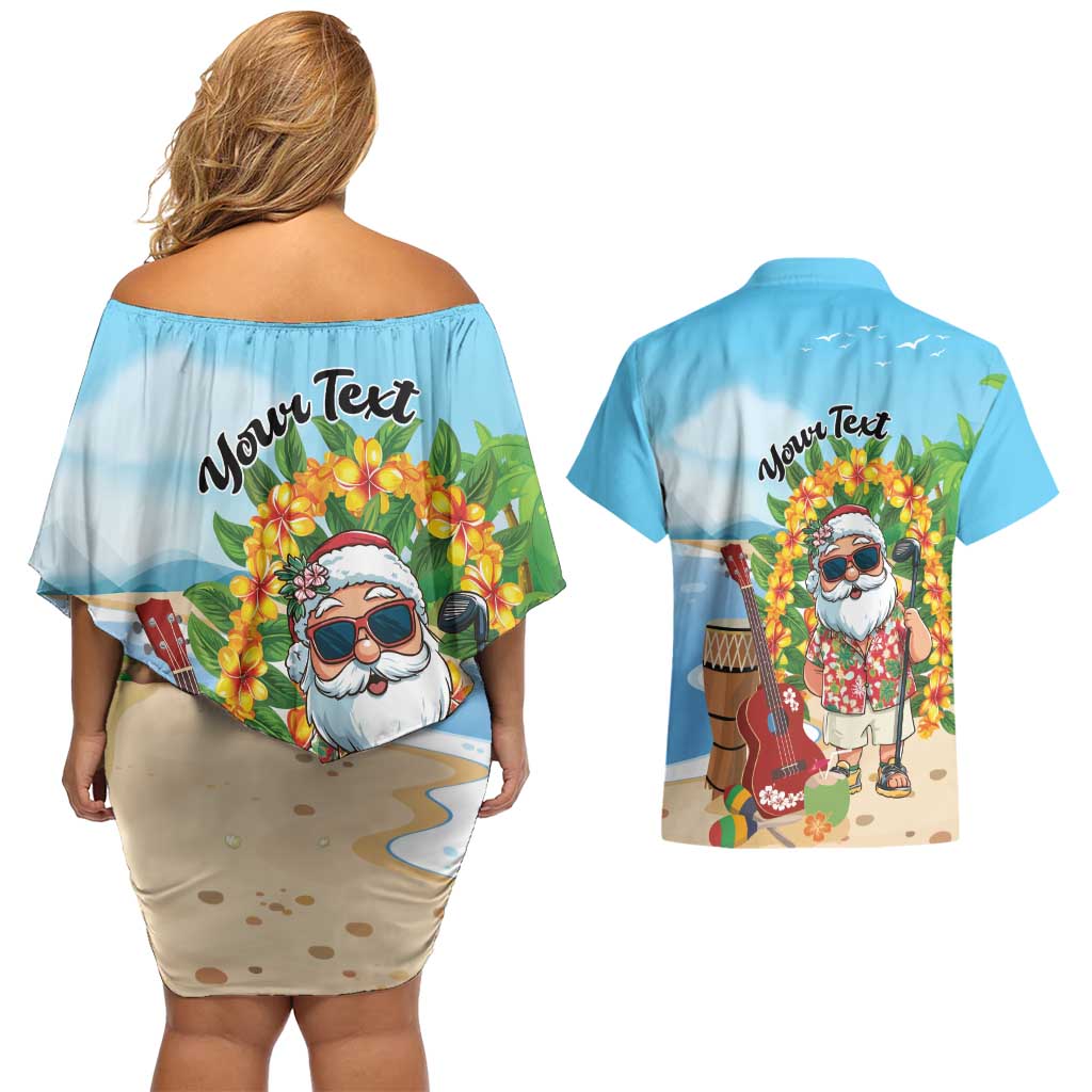 Personalized Hawaii Golf Christmas Couples Matching Off Shoulder Short Dress and Hawaiian Shirt Mele Kalikimaka Funny Golfer Santa - Wonder Print Shop