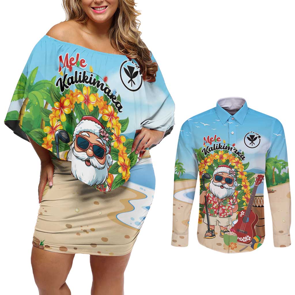 Personalized Hawaii Golf Christmas Couples Matching Off Shoulder Short Dress and Long Sleeve Button Shirt Mele Kalikimaka Funny Golfer Santa - Wonder Print Shop