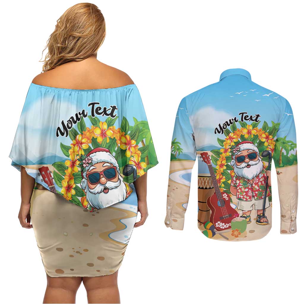Personalized Hawaii Golf Christmas Couples Matching Off Shoulder Short Dress and Long Sleeve Button Shirt Mele Kalikimaka Funny Golfer Santa - Wonder Print Shop
