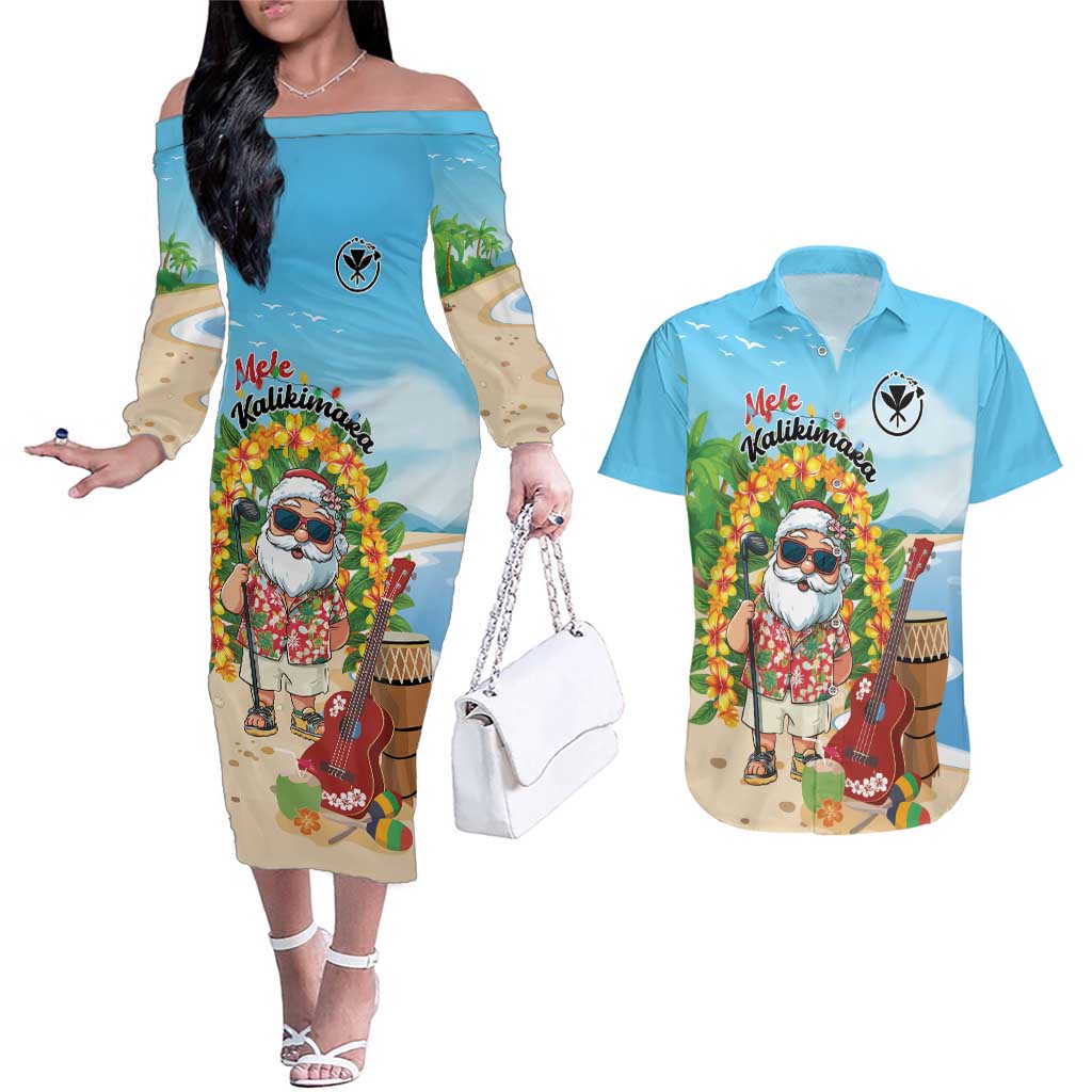 Personalized Hawaii Golf Christmas Couples Matching Off The Shoulder Long Sleeve Dress and Hawaiian Shirt Mele Kalikimaka Funny Golfer Santa - Wonder Print Shop