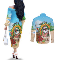 Personalized Hawaii Golf Christmas Couples Matching Off The Shoulder Long Sleeve Dress and Long Sleeve Button Shirt Mele Kalikimaka Funny Golfer Santa - Wonder Print Shop