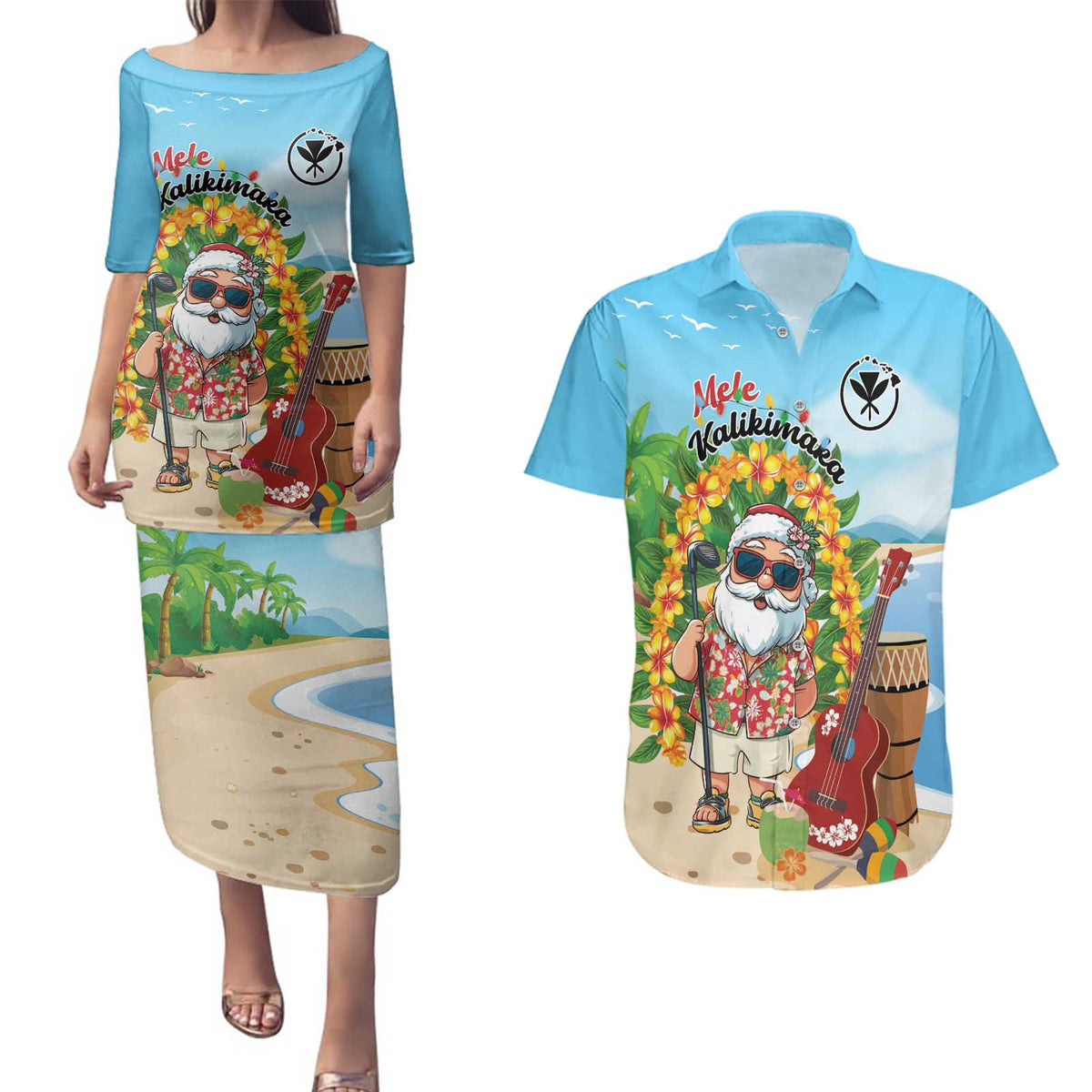 Personalized Hawaii Golf Christmas Couples Matching Puletasi and Hawaiian Shirt Mele Kalikimaka Funny Golfer Santa - Wonder Print Shop