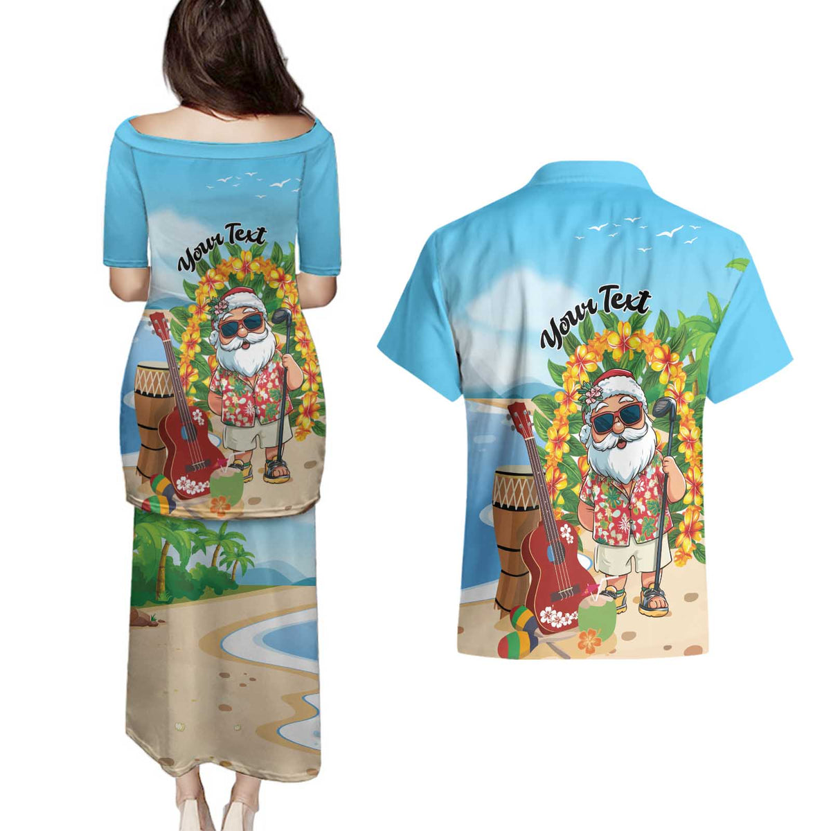 Personalized Hawaii Golf Christmas Couples Matching Puletasi and Hawaiian Shirt Mele Kalikimaka Funny Golfer Santa - Wonder Print Shop