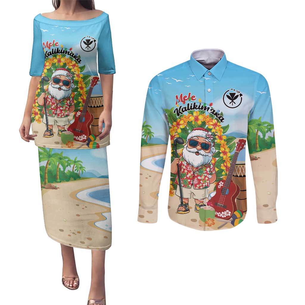 Personalized Hawaii Golf Christmas Couples Matching Puletasi and Long Sleeve Button Shirt Mele Kalikimaka Funny Golfer Santa - Wonder Print Shop