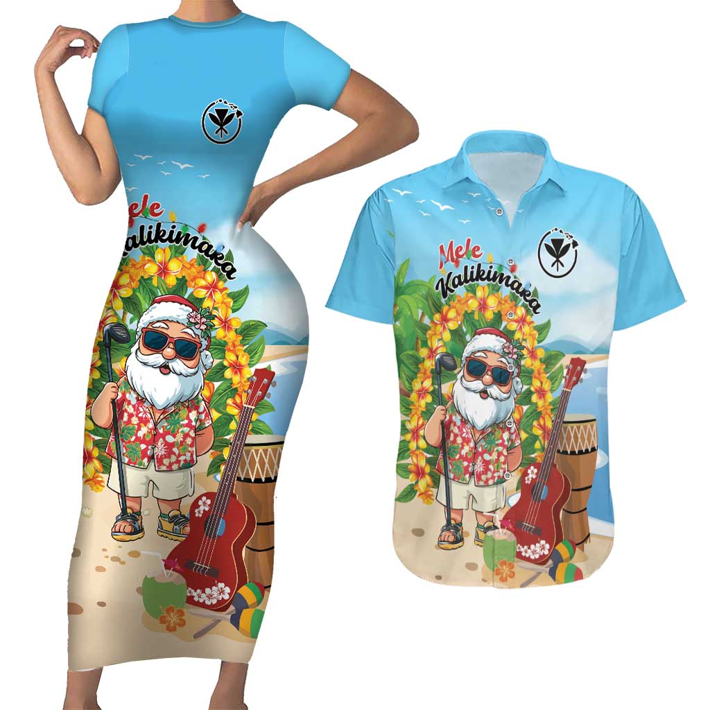 Personalized Hawaii Golf Christmas Couples Matching Short Sleeve Bodycon Dress and Hawaiian Shirt Mele Kalikimaka Funny Golfer Santa - Wonder Print Shop