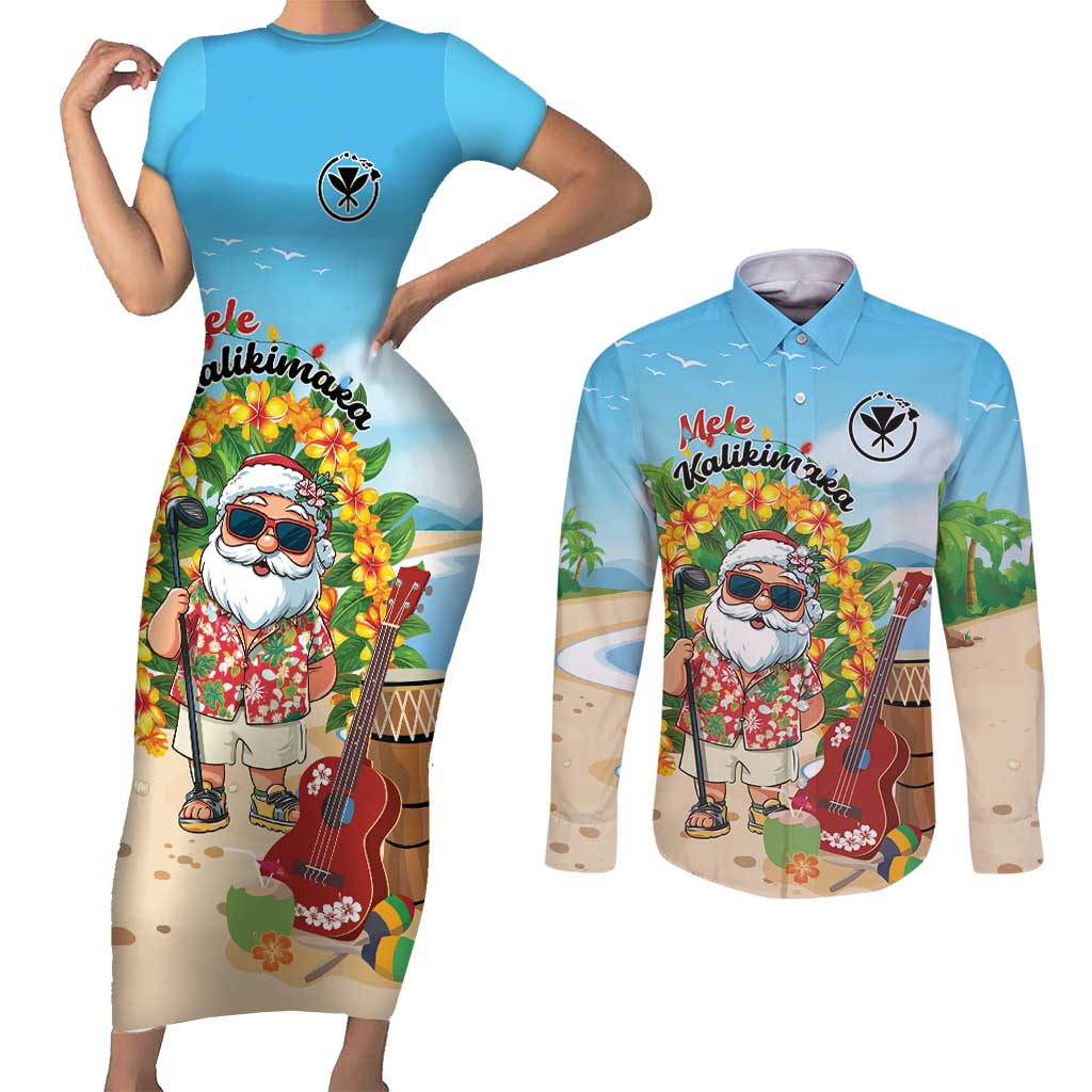 Personalized Hawaii Golf Christmas Couples Matching Short Sleeve Bodycon Dress and Long Sleeve Button Shirt Mele Kalikimaka Funny Golfer Santa - Wonder Print Shop