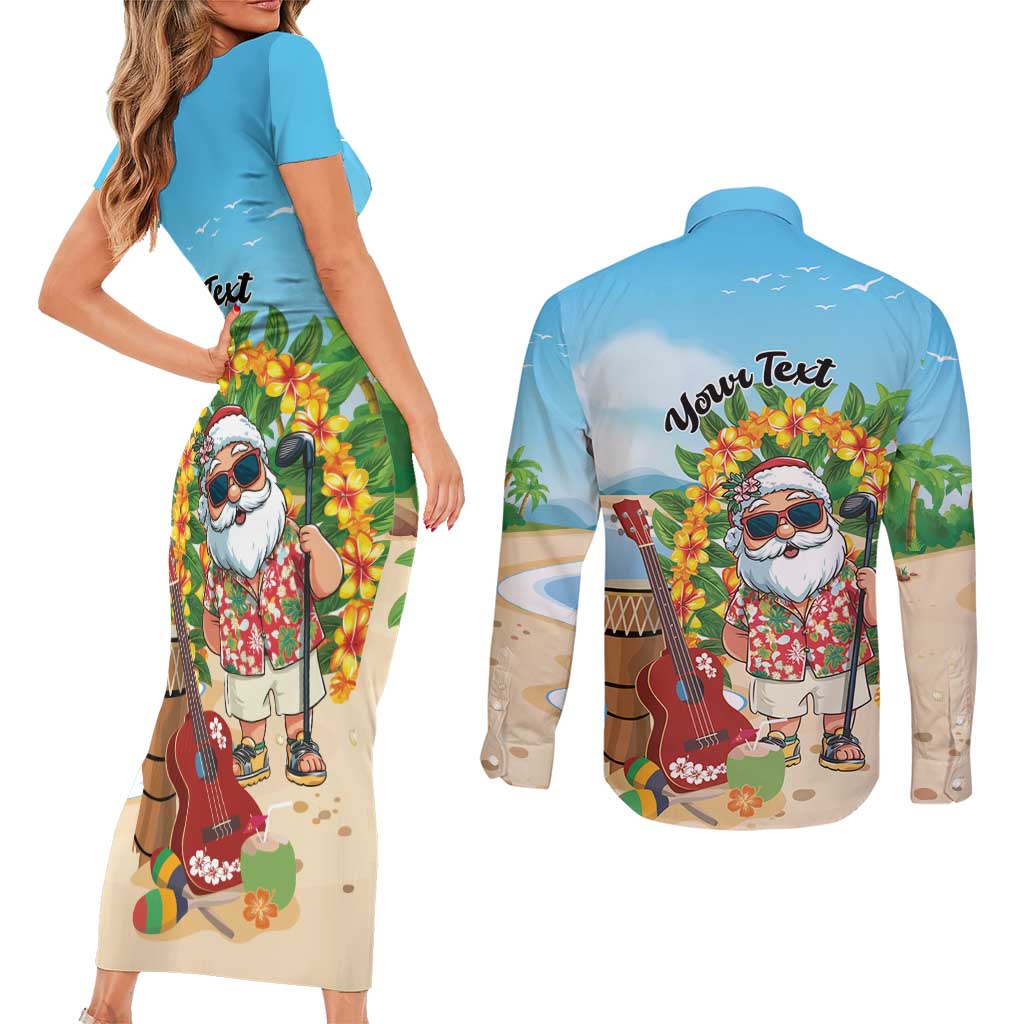 Personalized Hawaii Golf Christmas Couples Matching Short Sleeve Bodycon Dress and Long Sleeve Button Shirt Mele Kalikimaka Funny Golfer Santa - Wonder Print Shop