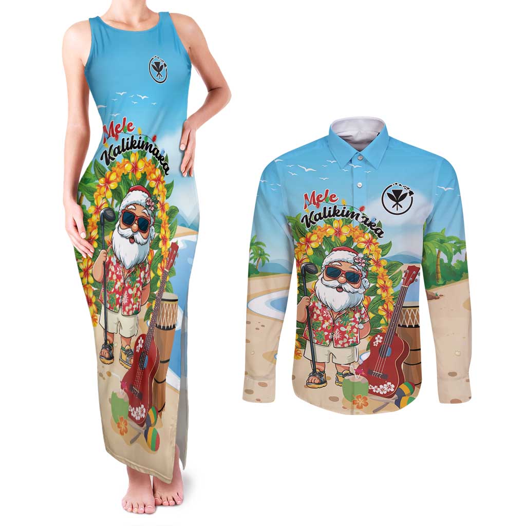 Personalized Hawaii Golf Christmas Couples Matching Tank Maxi Dress and Long Sleeve Button Shirt Mele Kalikimaka Funny Golfer Santa - Wonder Print Shop
