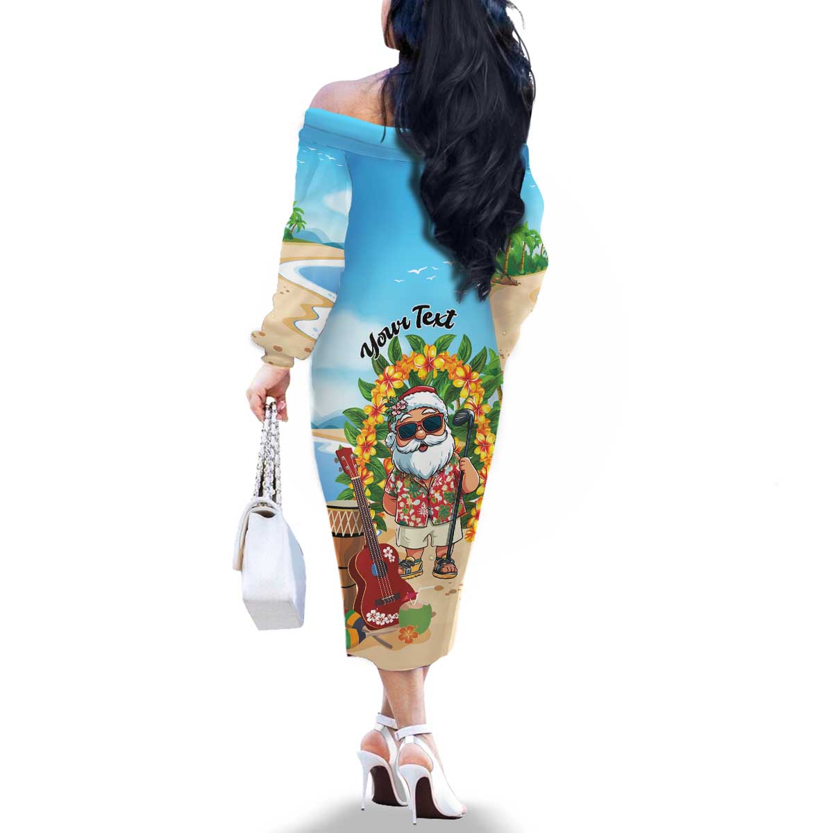 Personalized Hawaii Golf Christmas Family Matching Off The Shoulder Long Sleeve Dress and Hawaiian Shirt Mele Kalikimaka Funny Golfer Santa - Wonder Print Shop