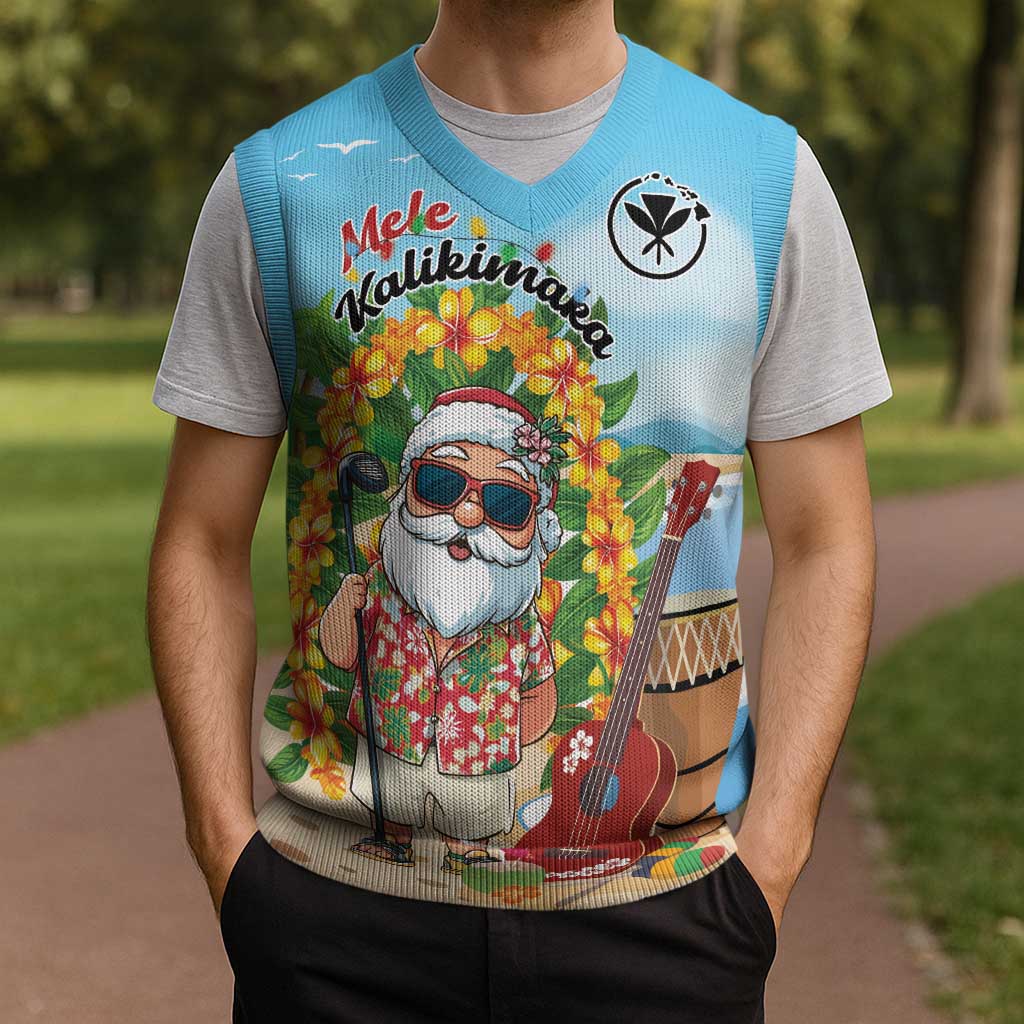 Personalized Hawaii Golf Christmas Knitted V-Neck Vest Mele Kalikimaka Funny Golfer Santa - Wonder Print Shop