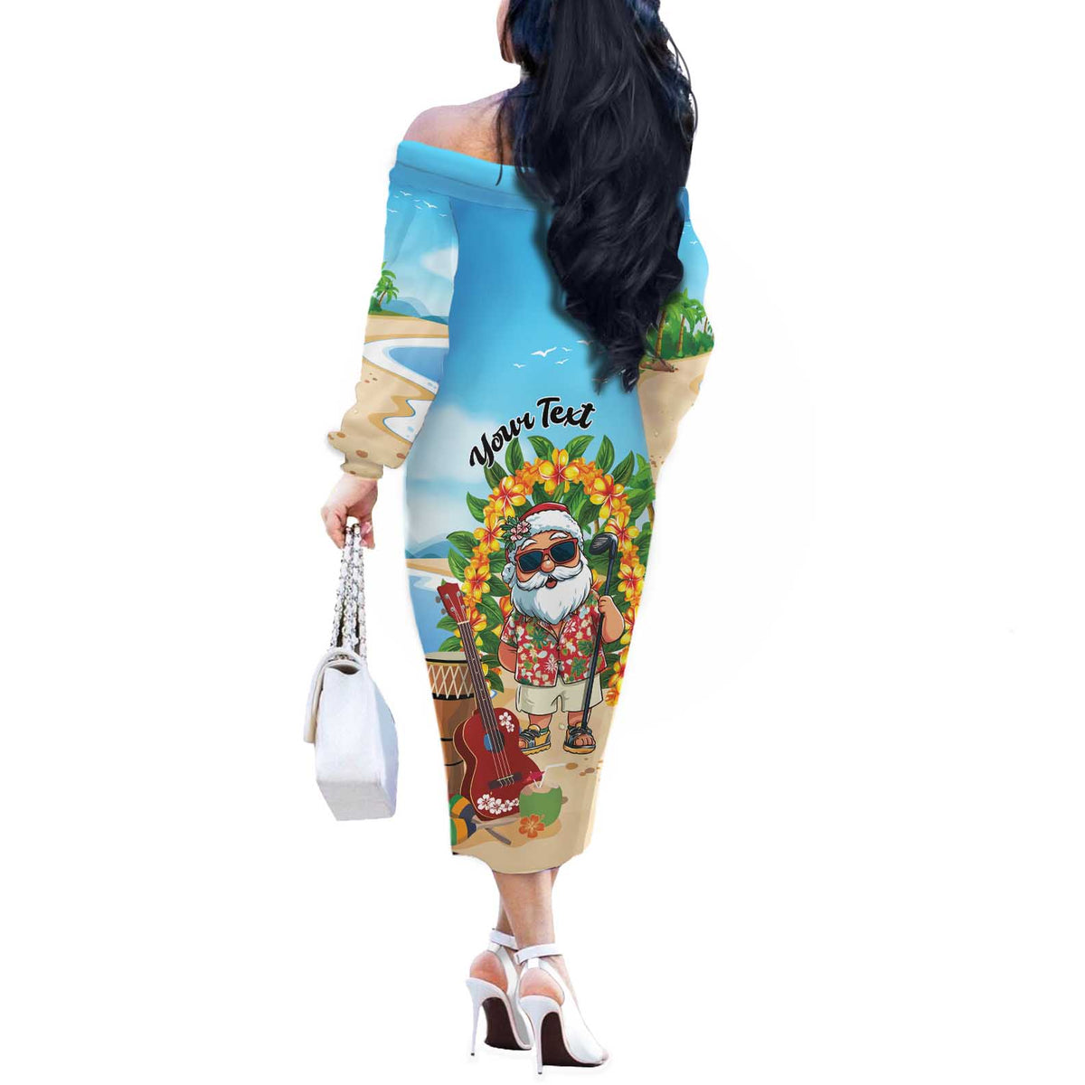 Personalized Hawaii Golf Christmas Off The Shoulder Long Sleeve Dress Mele Kalikimaka Funny Golfer Santa - Wonder Print Shop