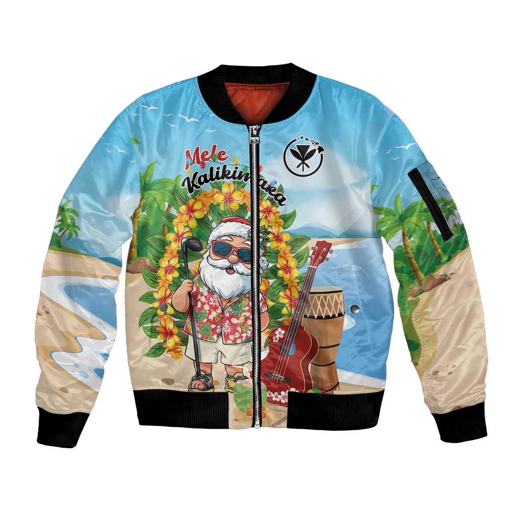 Personalized Hawaii Golf Christmas Sleeve Zip Bomber Jacket Mele Kalikimaka Funny Golfer Santa - Wonder Print Shop