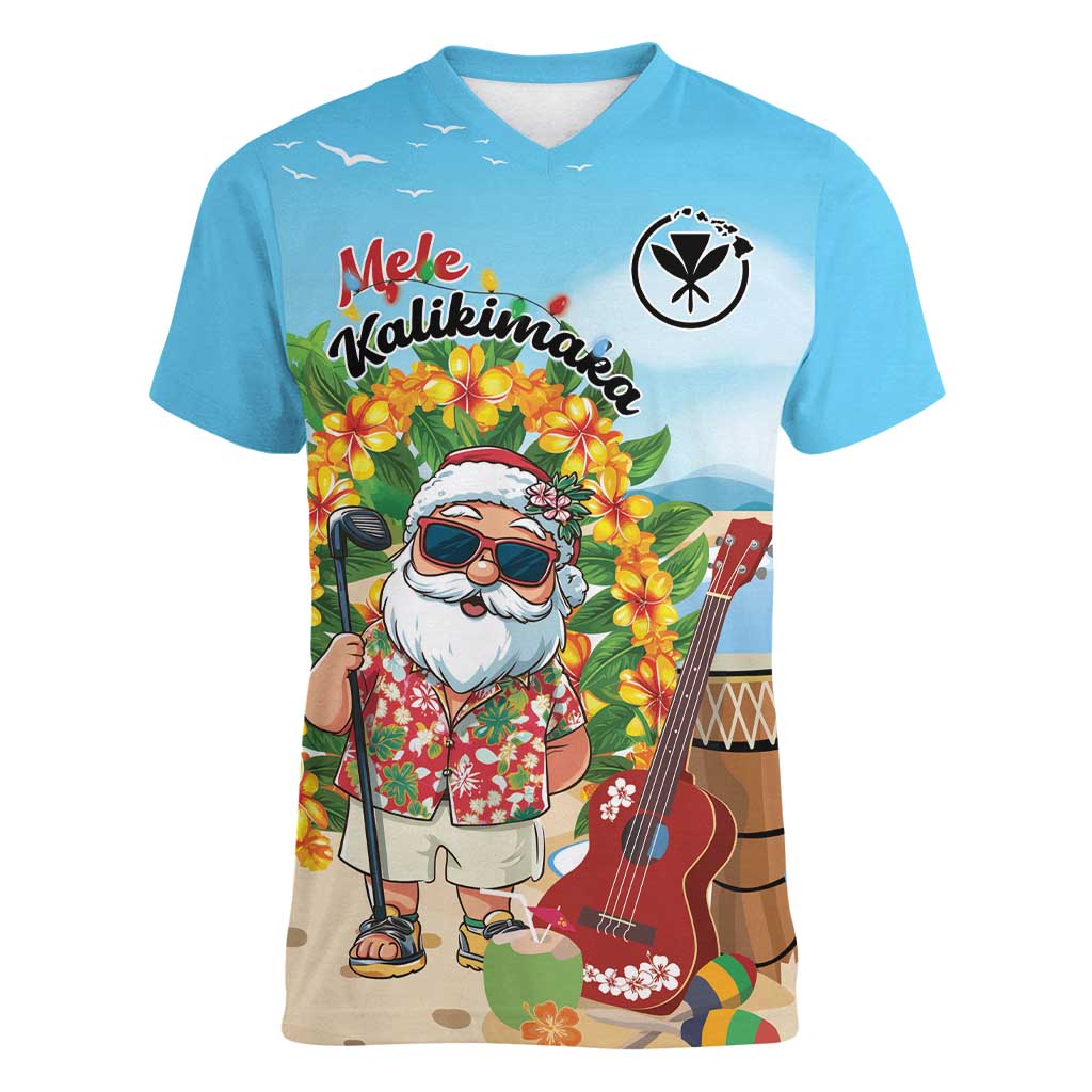Personalized Hawaii Golf Christmas Women V-Neck T-Shirt Mele Kalikimaka Funny Golfer Santa - Wonder Print Shop