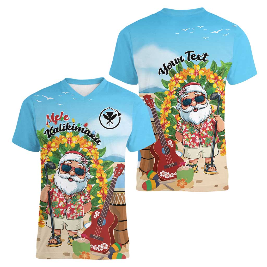 Personalized Hawaii Golf Christmas Women V-Neck T-Shirt Mele Kalikimaka Funny Golfer Santa - Wonder Print Shop