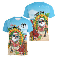 Personalized Hawaii Golf Christmas Women V-Neck T-Shirt Mele Kalikimaka Funny Golfer Santa - Wonder Print Shop