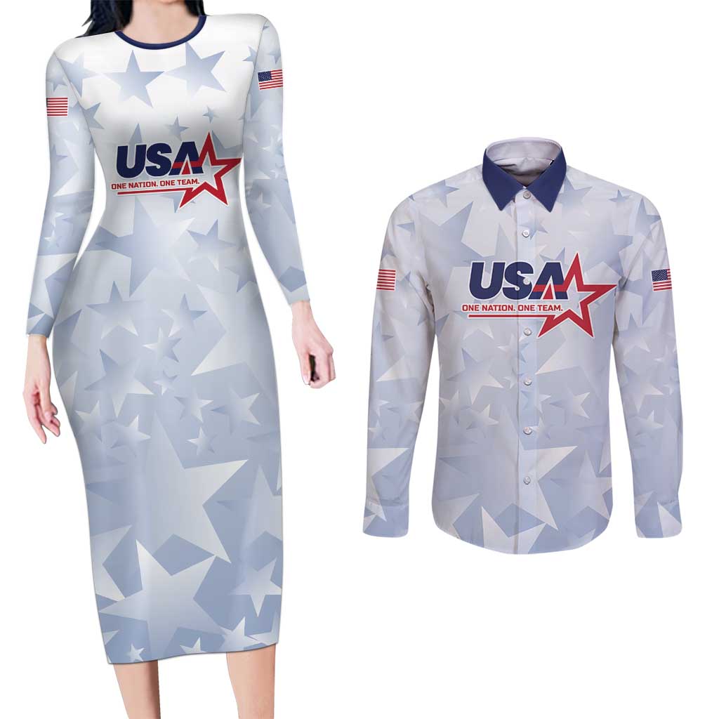 Custom USA Soccer Team 2026 Couples Matching Long Sleeve Bodycon Dress and Long Sleeve Button Shirt One Nation One Team - Wonder Print Shop