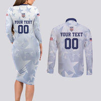 Custom USA Soccer Team 2026 Couples Matching Long Sleeve Bodycon Dress and Long Sleeve Button Shirt One Nation One Team - Wonder Print Shop