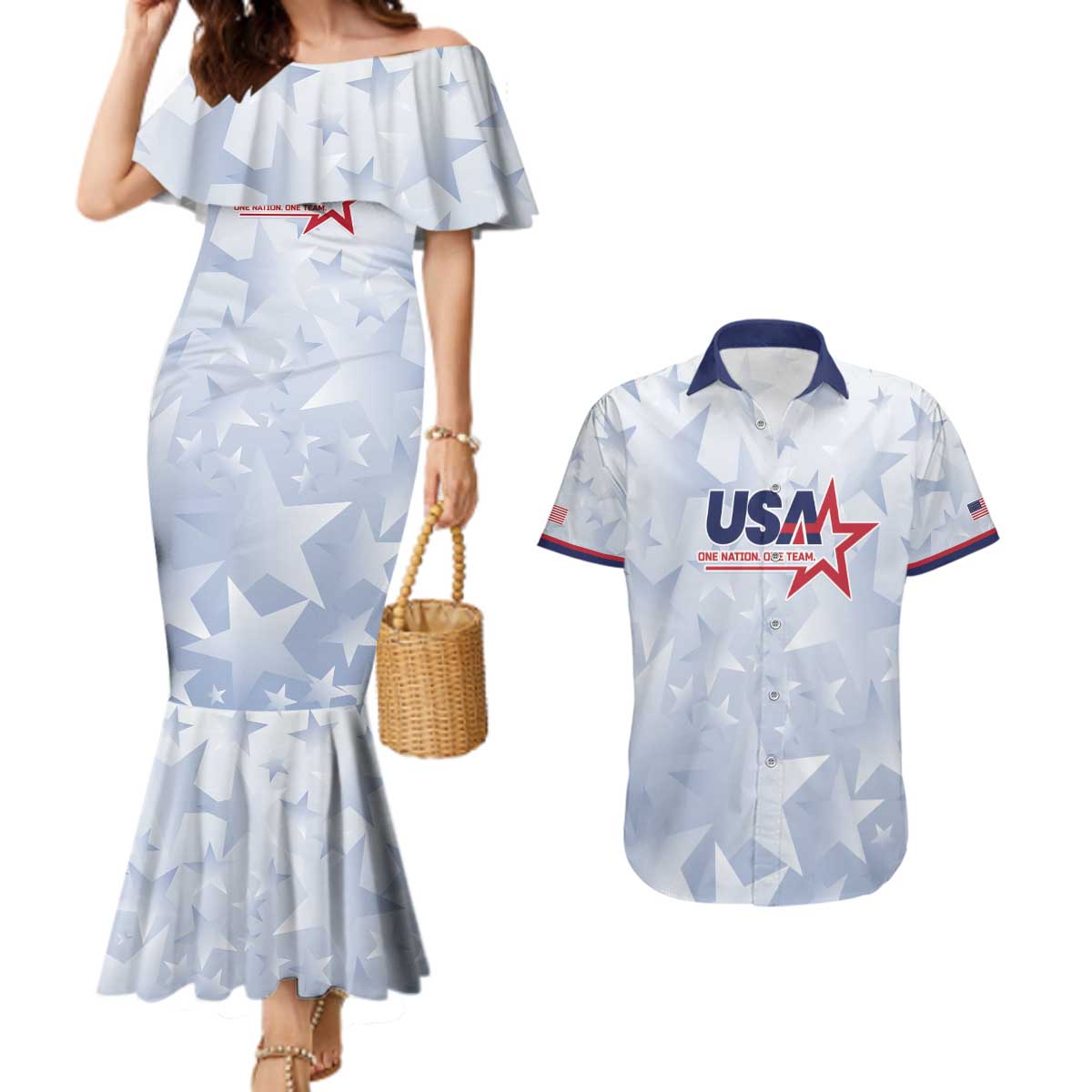 Custom USA Soccer Team 2026 Couples Matching Mermaid Dress and Hawaiian Shirt One Nation One Team - Wonder Print Shop