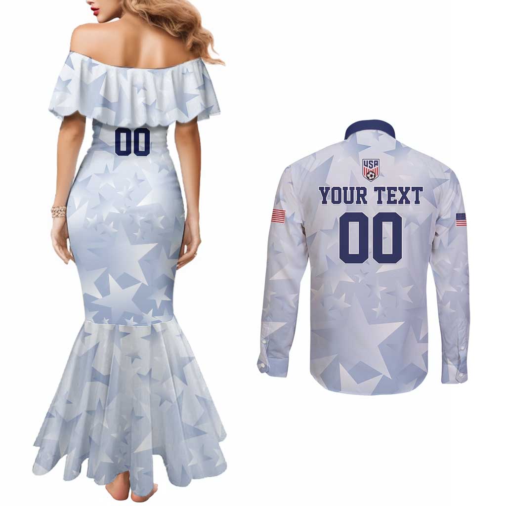 Custom USA Soccer Team 2026 Couples Matching Mermaid Dress and Long Sleeve Button Shirt One Nation One Team - Wonder Print Shop