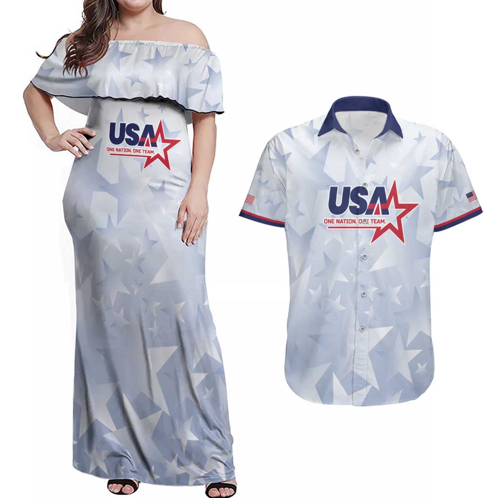 Custom USA Soccer Team 2026 Couples Matching Off Shoulder Maxi Dress and Hawaiian Shirt One Nation One Team - Wonder Print Shop
