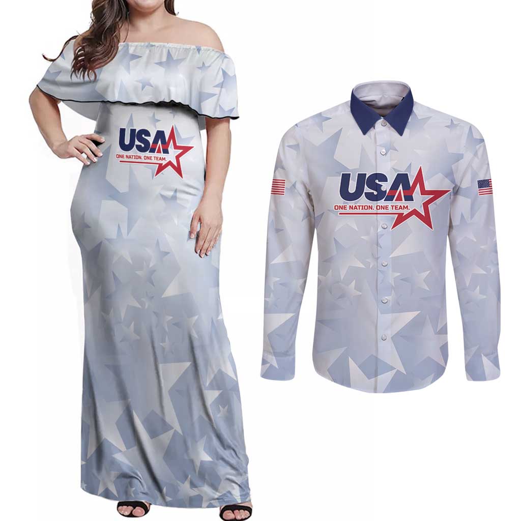 Custom USA Soccer Team 2026 Couples Matching Off Shoulder Maxi Dress and Long Sleeve Button Shirt One Nation One Team - Wonder Print Shop