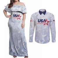 Custom USA Soccer Team 2026 Couples Matching Off Shoulder Maxi Dress and Long Sleeve Button Shirt One Nation One Team - Wonder Print Shop