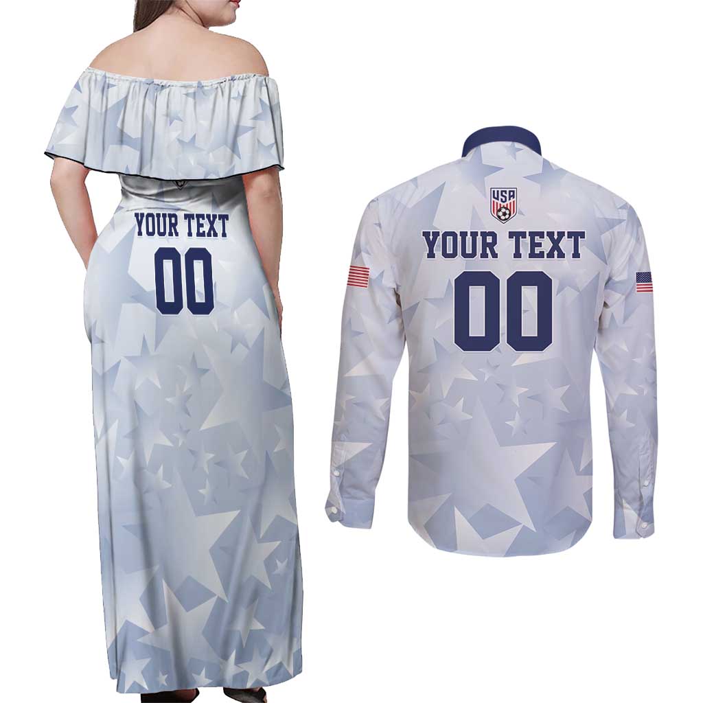 Custom USA Soccer Team 2026 Couples Matching Off Shoulder Maxi Dress and Long Sleeve Button Shirt One Nation One Team - Wonder Print Shop