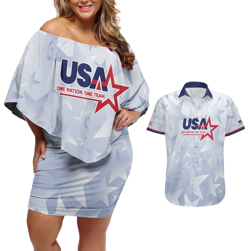 Custom USA Soccer Team 2026 Couples Matching Off Shoulder Short Dress and Hawaiian Shirt One Nation One Team - Wonder Print Shop