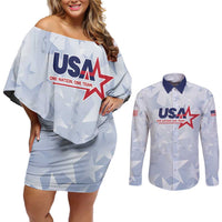 Custom USA Soccer Team 2026 Couples Matching Off Shoulder Short Dress and Long Sleeve Button Shirt One Nation One Team - Wonder Print Shop