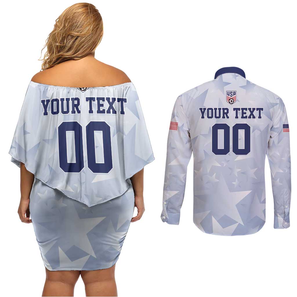 Custom USA Soccer Team 2026 Couples Matching Off Shoulder Short Dress and Long Sleeve Button Shirt One Nation One Team - Wonder Print Shop