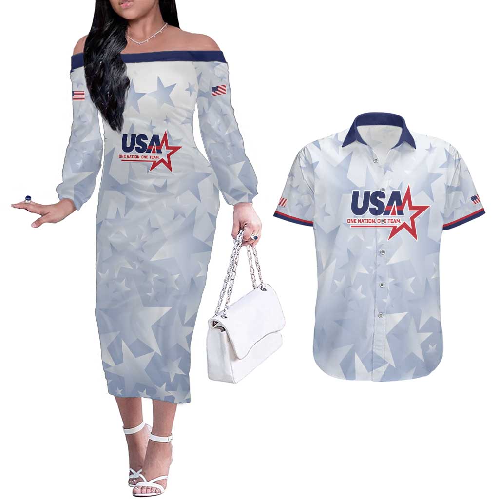 Custom USA Soccer Team 2026 Couples Matching Off The Shoulder Long Sleeve Dress and Hawaiian Shirt One Nation One Team - Wonder Print Shop