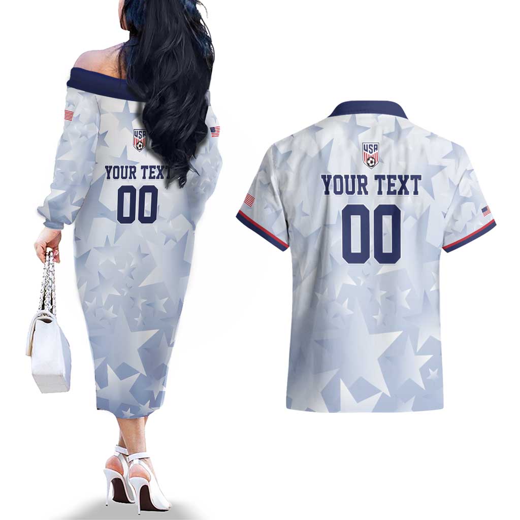 Custom USA Soccer Team 2026 Couples Matching Off The Shoulder Long Sleeve Dress and Hawaiian Shirt One Nation One Team - Wonder Print Shop