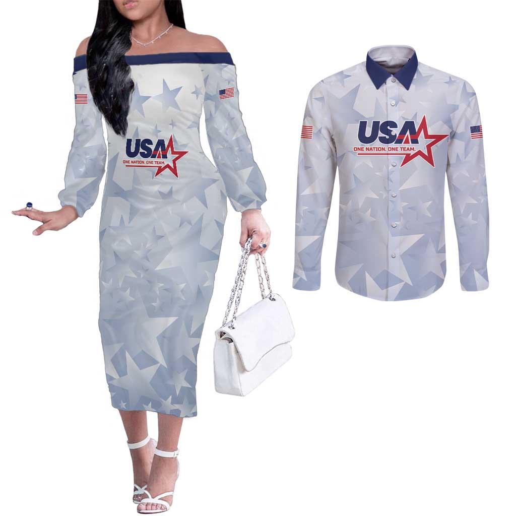 Custom USA Soccer Team 2026 Couples Matching Off The Shoulder Long Sleeve Dress and Long Sleeve Button Shirt One Nation One Team - Wonder Print Shop