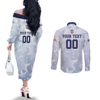 Custom USA Soccer Team 2026 Couples Matching Off The Shoulder Long Sleeve Dress and Long Sleeve Button Shirt One Nation One Team - Wonder Print Shop