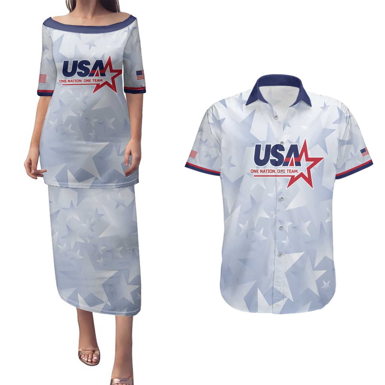 Custom USA Soccer Team 2026 Couples Matching Puletasi and Hawaiian Shirt One Nation One Team - Wonder Print Shop