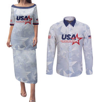 Custom USA Soccer Team 2026 Couples Matching Puletasi and Long Sleeve Button Shirt One Nation One Team - Wonder Print Shop