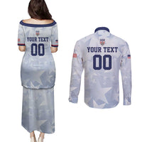 Custom USA Soccer Team 2026 Couples Matching Puletasi and Long Sleeve Button Shirt One Nation One Team - Wonder Print Shop