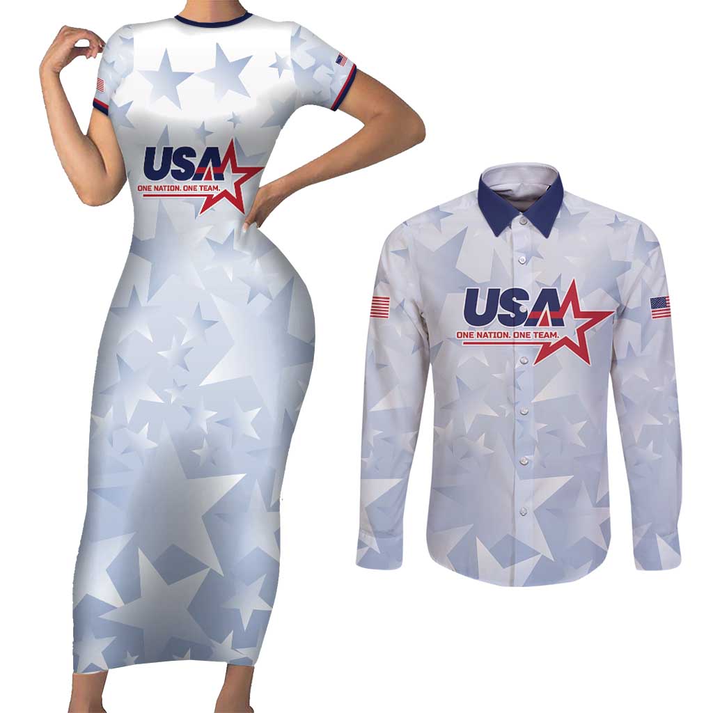 Custom USA Soccer Team 2026 Couples Matching Short Sleeve Bodycon Dress and Long Sleeve Button Shirt One Nation One Team - Wonder Print Shop