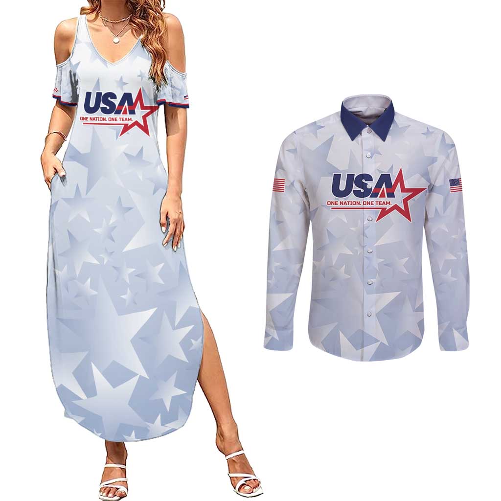 Custom USA Soccer Team 2026 Couples Matching Summer Maxi Dress and Long Sleeve Button Shirt One Nation One Team - Wonder Print Shop