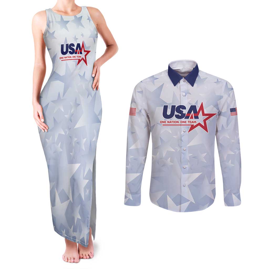 Custom USA Soccer Team 2026 Couples Matching Tank Maxi Dress and Long Sleeve Button Shirt One Nation One Team - Wonder Print Shop