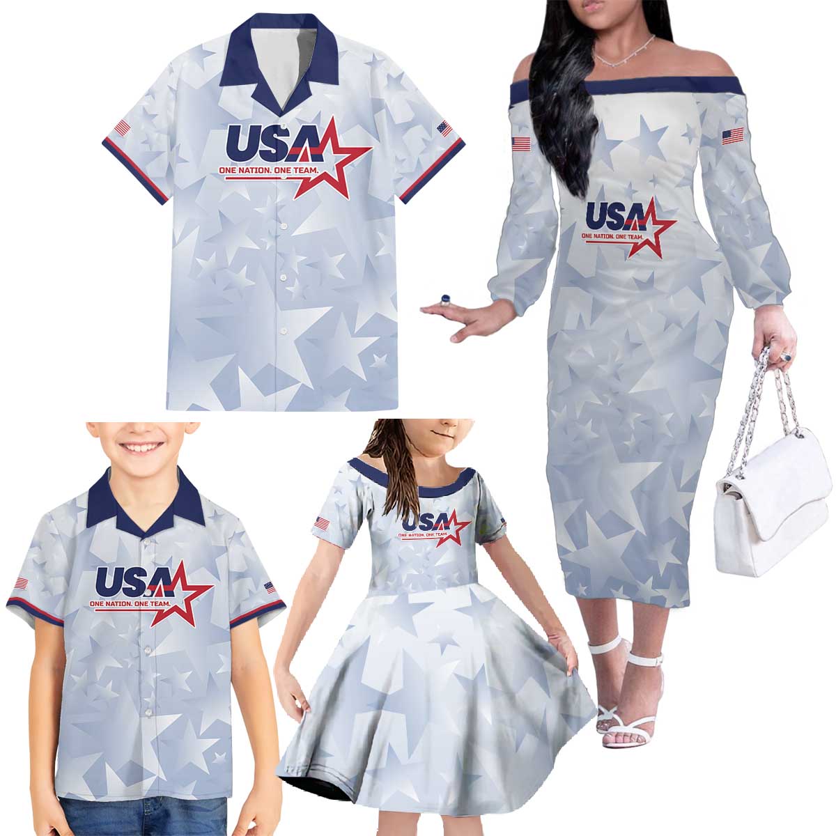 Custom USA Soccer Team 2026 Family Matching Off The Shoulder Long Sleeve Dress and Hawaiian Shirt One Nation One Team - Wonder Print Shop
