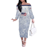 Custom USA Soccer Team 2026 Family Matching Off The Shoulder Long Sleeve Dress and Hawaiian Shirt One Nation One Team - Wonder Print Shop