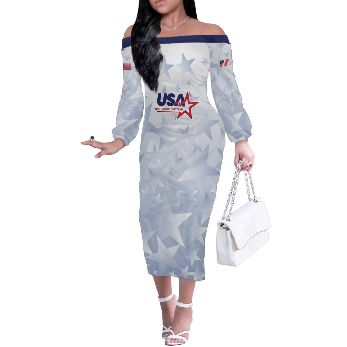 Custom USA Soccer Team 2026 Off The Shoulder Long Sleeve Dress One Nation One Team - Wonder Print Shop
