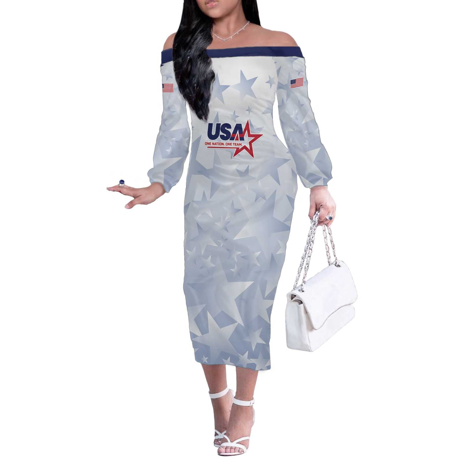 Custom USA Soccer Team 2026 Off The Shoulder Long Sleeve Dress One Nation One Team - Wonder Print Shop