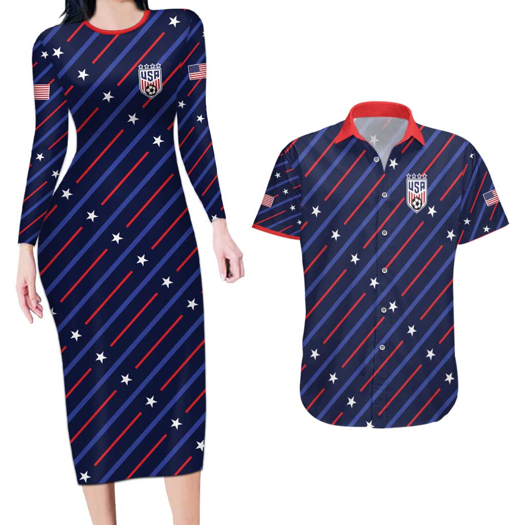Custom Soccer USA 2026 Couples Matching Long Sleeve Bodycon Dress and Hawaiian Shirt Stronger Together We Are One Nation - Wonder Print Shop
