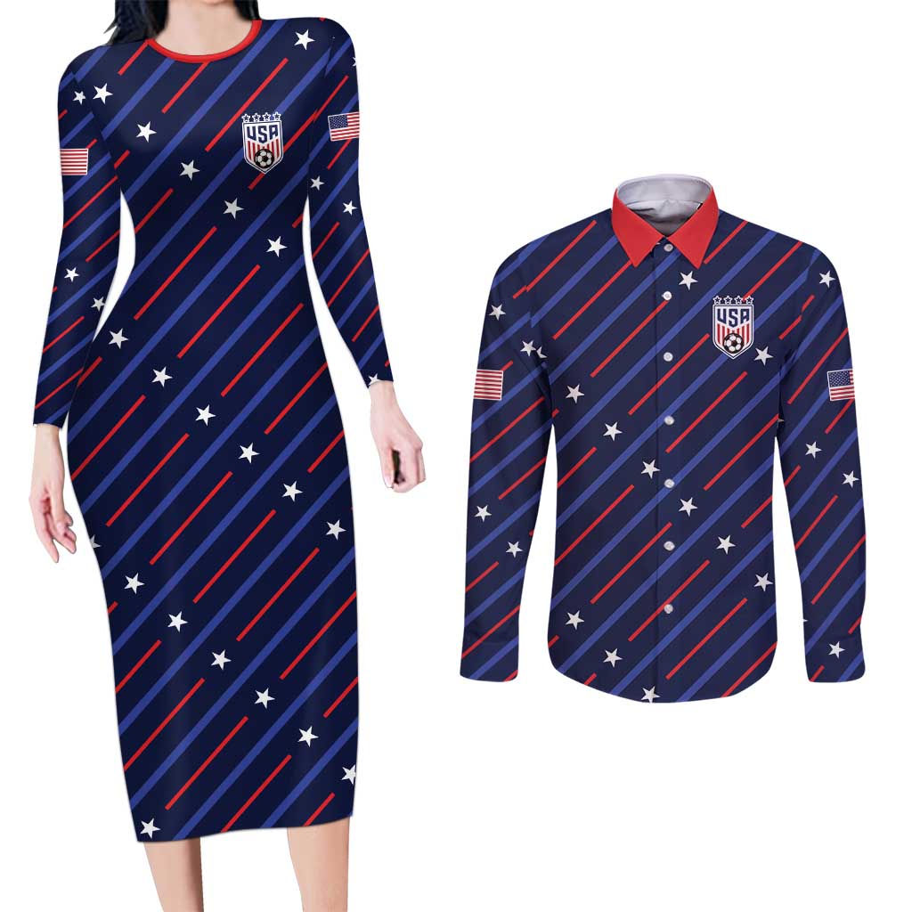 Custom Soccer USA 2026 Couples Matching Long Sleeve Bodycon Dress and Long Sleeve Button Shirt Stronger Together We Are One Nation - Wonder Print Shop